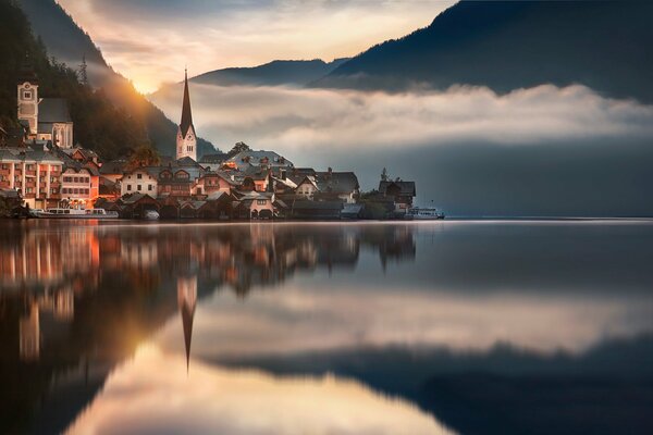 Fairy-tale houses of Austria reflected in the water