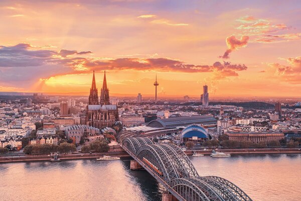 A bridge in Germany at a pink sunset from a height