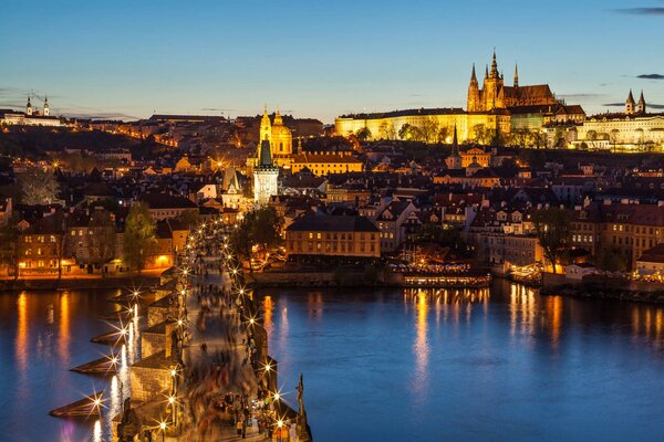 Night city panoramic view bridge lanterns