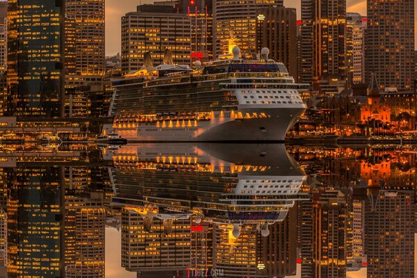 Kreuzfahrtschiff in den Lichtern von Sydney