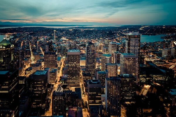 Ciudad de la tarde. Luces de la ciudad nocturna. Seattle