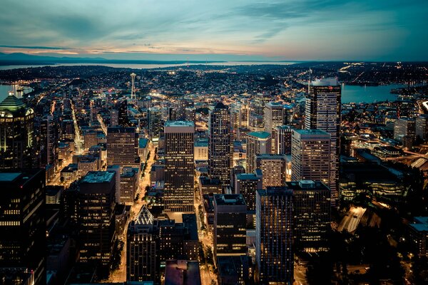 Città della sera. Luci della città di notte. Seattle