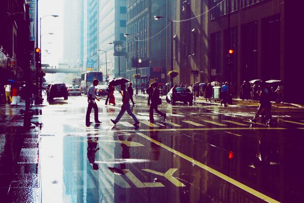 Chicago street on a rainy morning