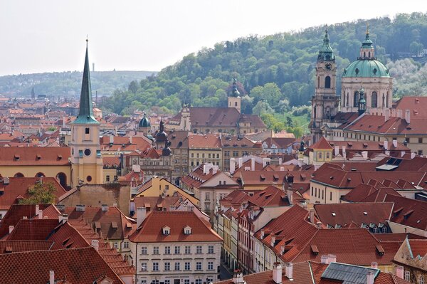 Panoramic view of the red roofs of Prague