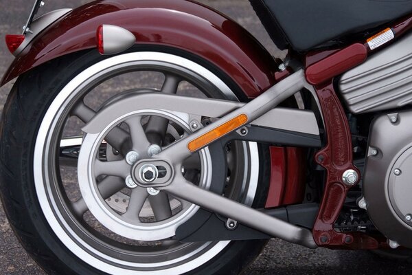 Harrley Davidson motorcycle side view of the rear wheel