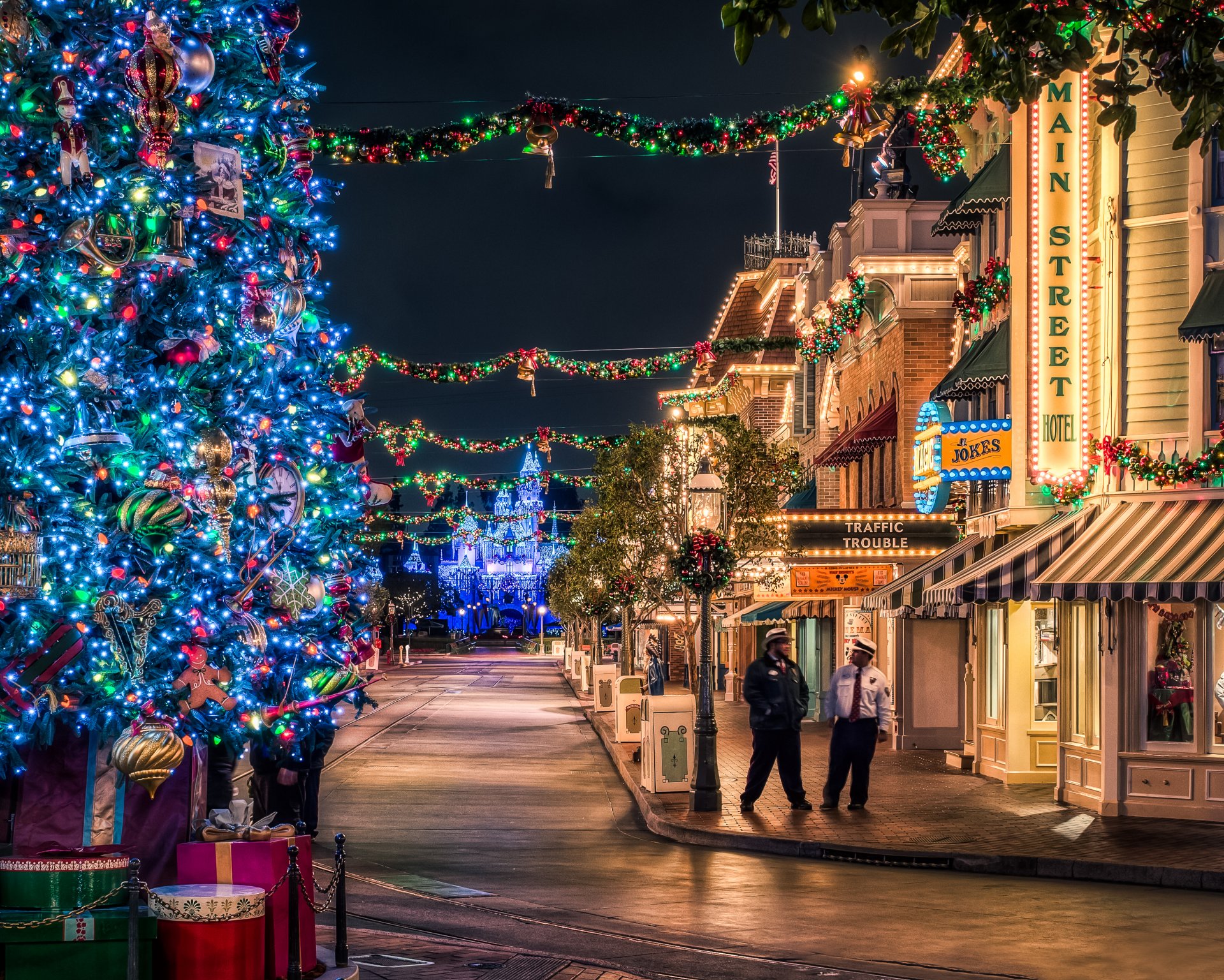 città natale nuovo anno strada cielo luci vacanza albero di natale disney luci