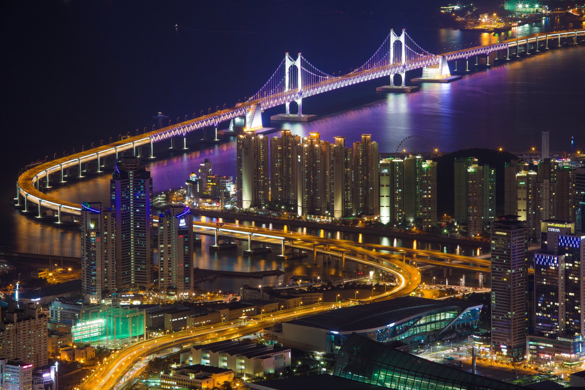 repubblica di corea città busan case edifici ponte kwanan stretto illuminazione luci retroilluminazione notte panorama vista