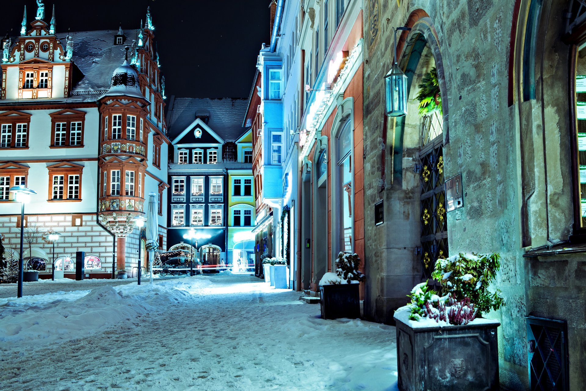 deutschland nacht straße häuser gebäude straße schnee beleuchtung lichter winter