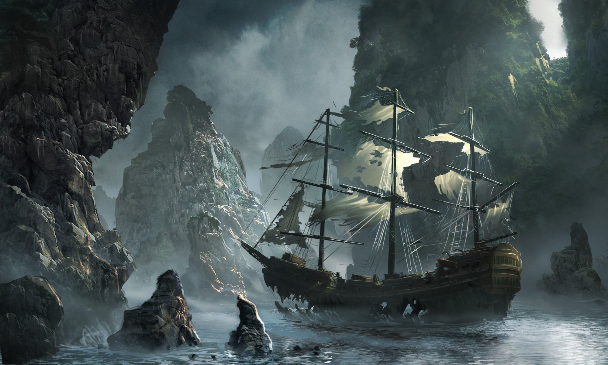 the flying dutchman ghost ship approaching matchack michal matczak storm art rocks sea ship ghost