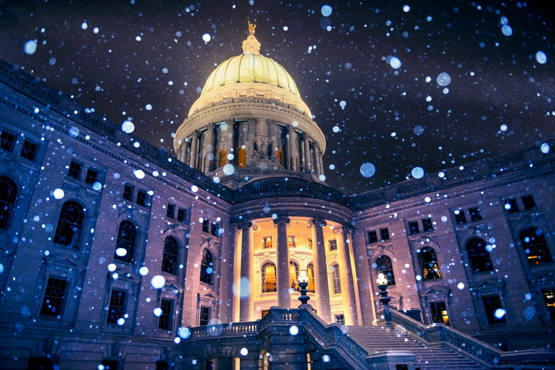 madison wisconsin united states of america usa town night united states capitol building lamps light winter snowflakes bokeh