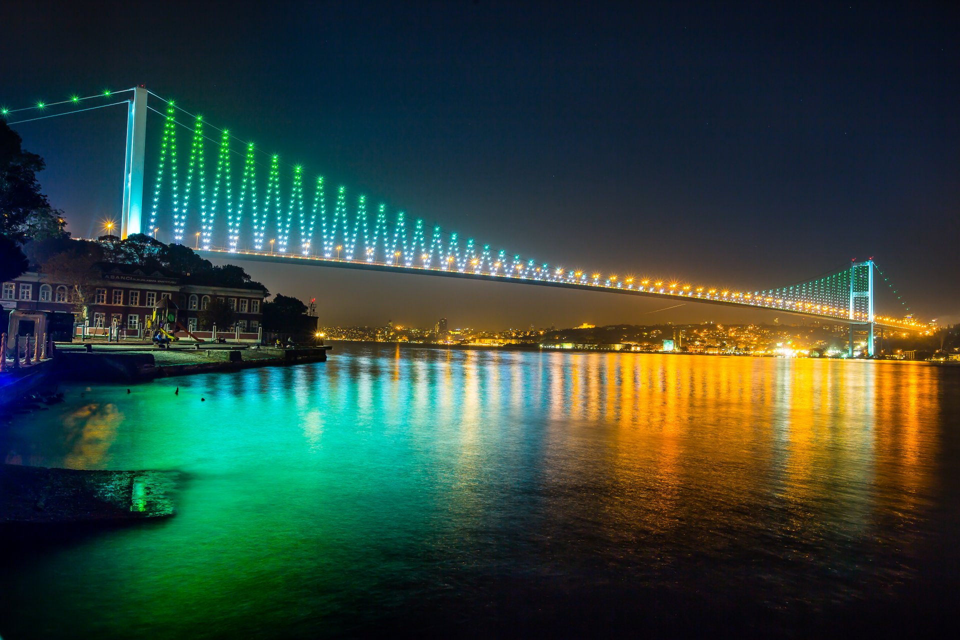 bosphorus bridge istanbul turkey night lanterns marmara sea city nature lights building