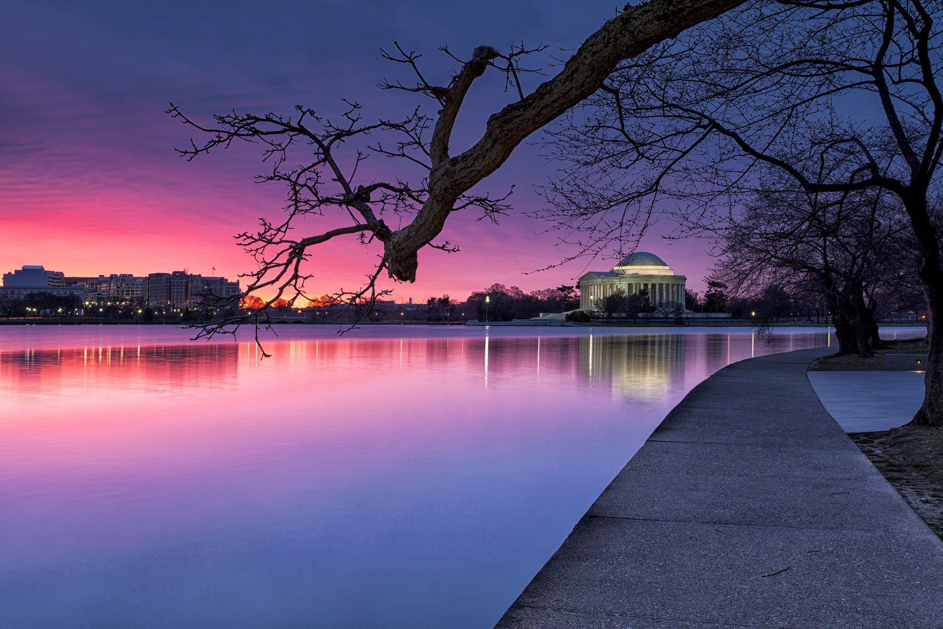 usa washington abend bäume park fluss laternen blau lila himmel sonnenuntergang licht beleuchtung blau lila