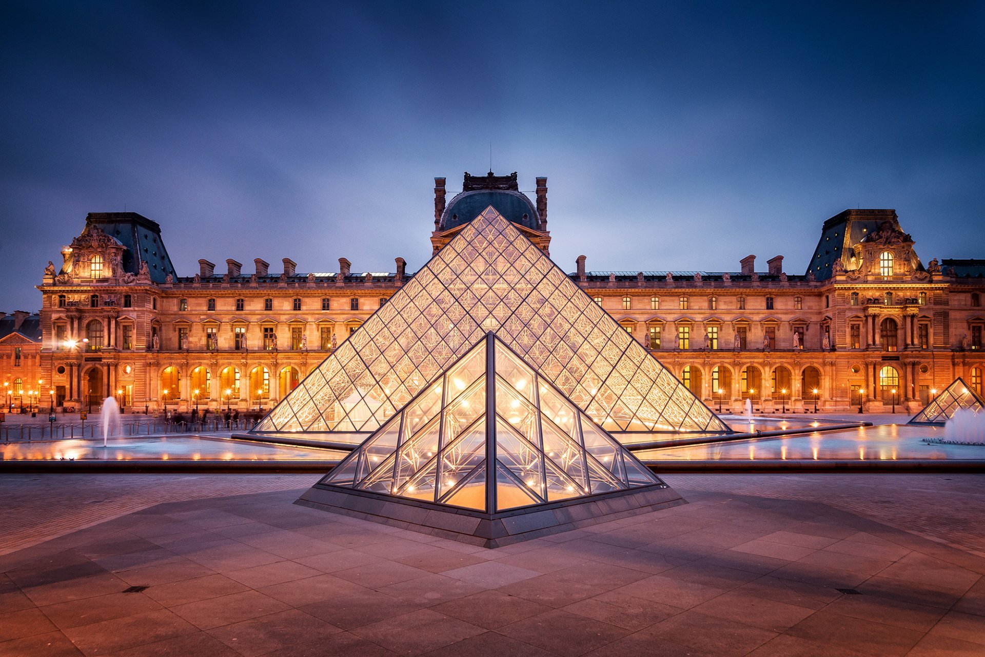 paris france louvre city illumination lighting evening twilight square museum pyramid fountain architecture