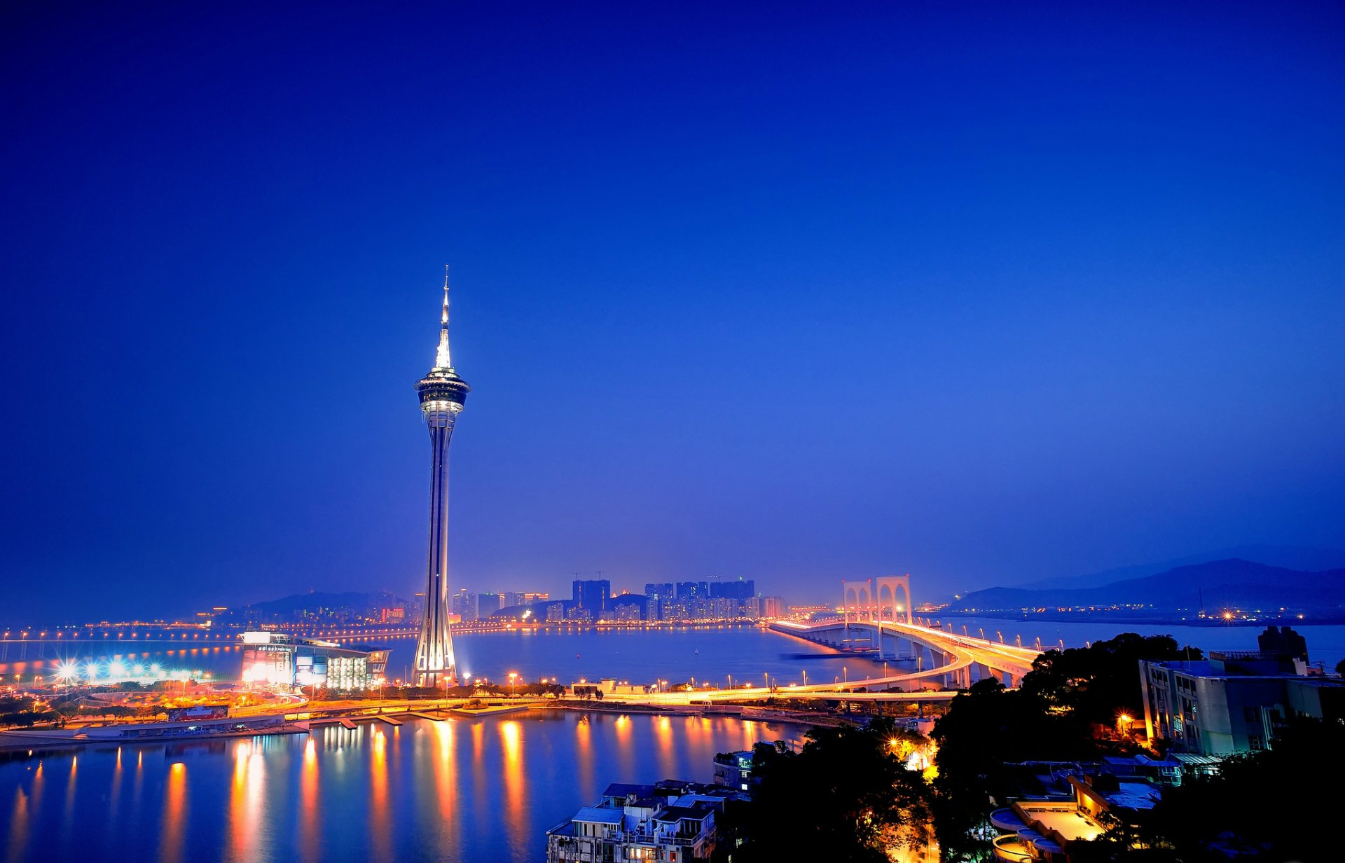 china macau xiamen city tower bridge sea blue sky night backlight lanterns light