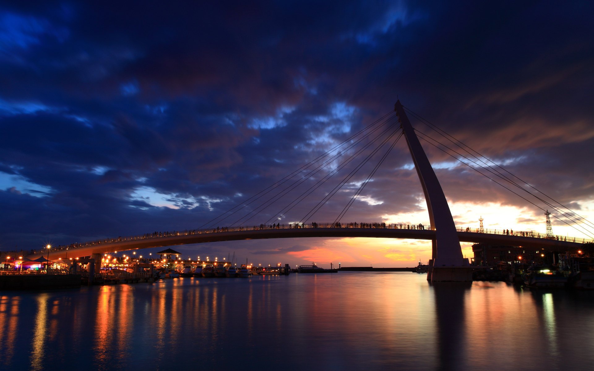 new taipei city night bridge lights the city people river ship