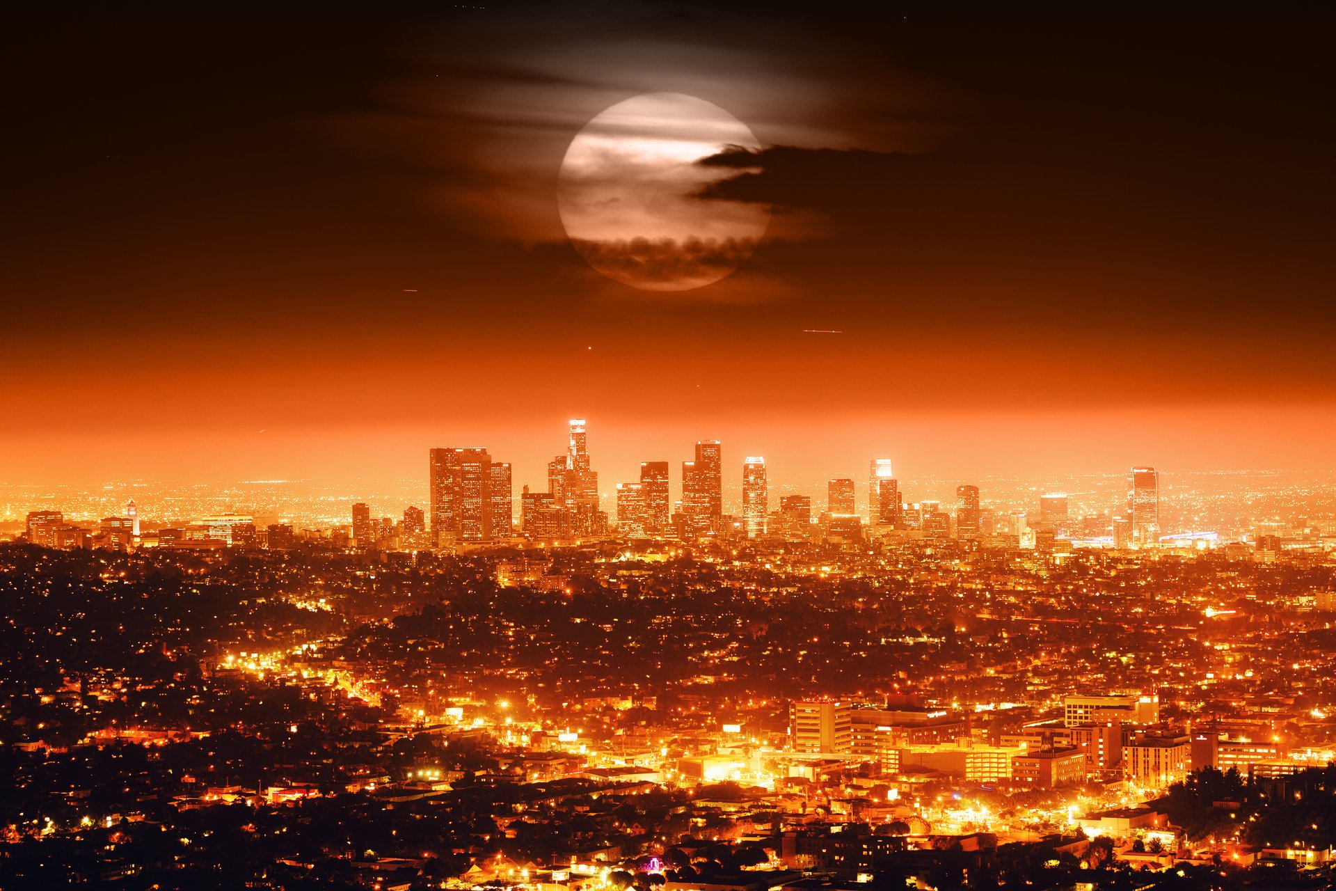 pleine lune usa los angeles horizon nuit ville lanternes paysage urbain horizon lumières ciel nuages