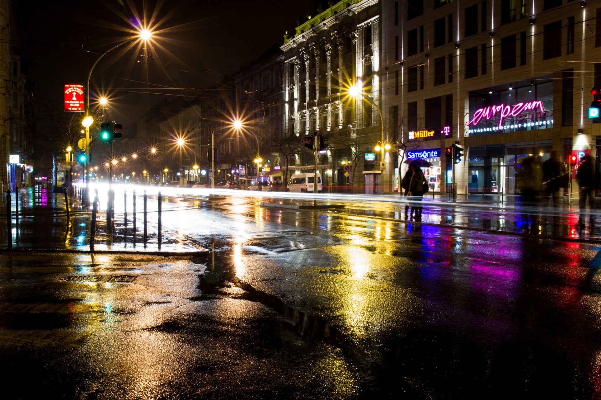 budapest lutte antiparasitaire magyaror hongrie ville nuit bâtiments magasins signalisation route exposition lumières asphalte flaques d eau lanternes éclairage personnes