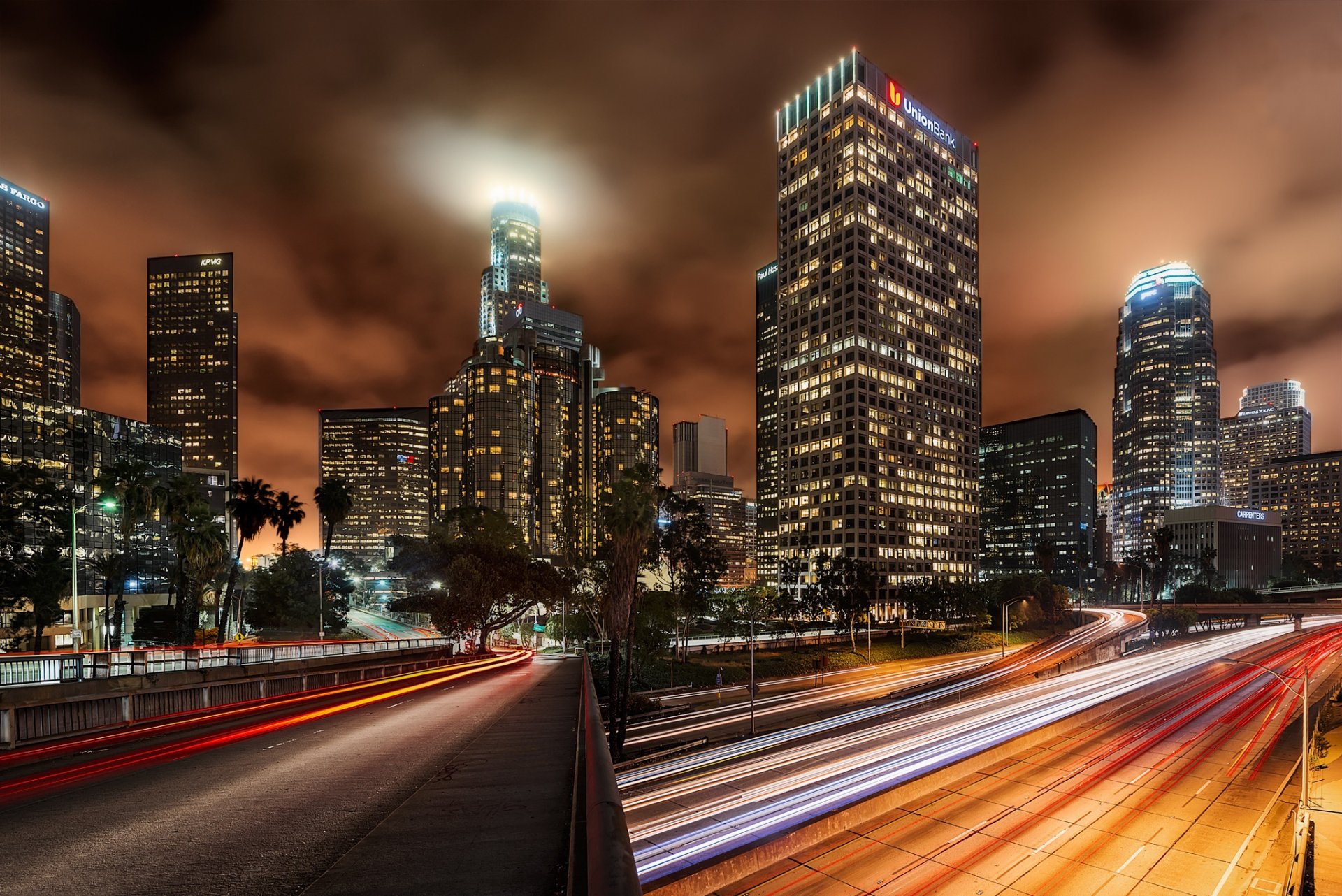 ciudad los ángeles casas rascacielos noche carreteras luces