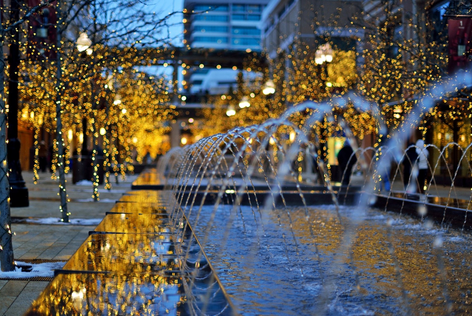 utah stati uniti d america stati uniti città creek centro città sera fontana alberi ghirlande bokeh luci edifici inverno vacanze