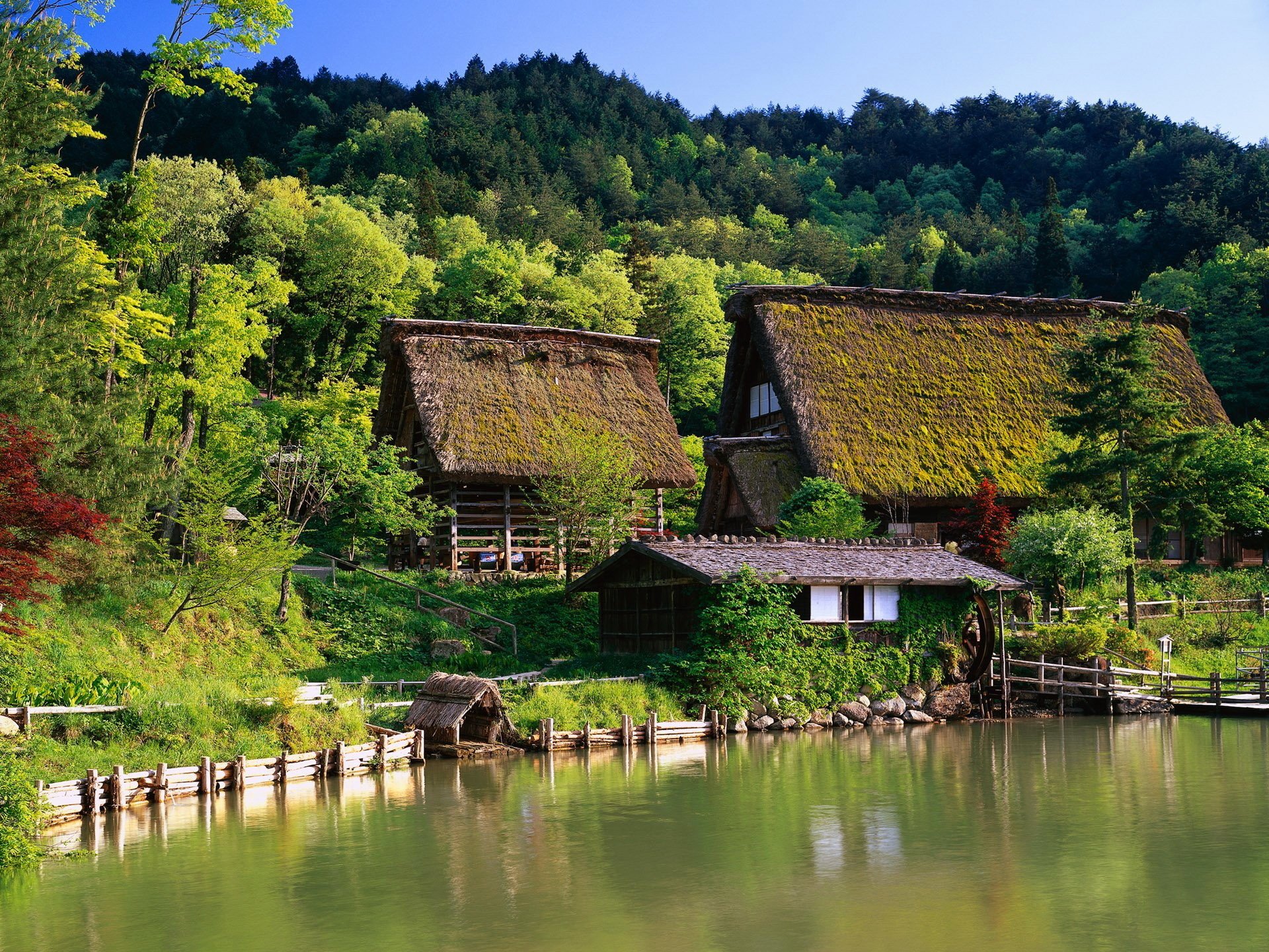 zitiert japan häuser bauernhof haus laube wald birkenrinde wasser