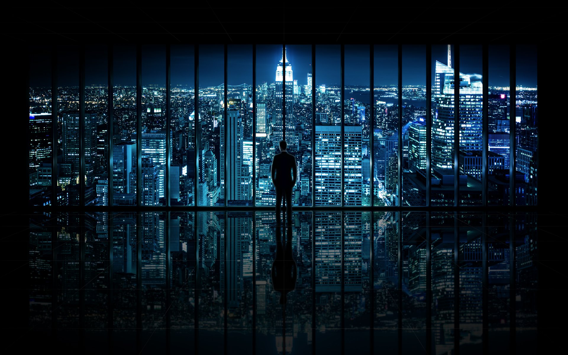 il cavaliere oscuro finestra a gotham city new york città notte finestra vista uomo