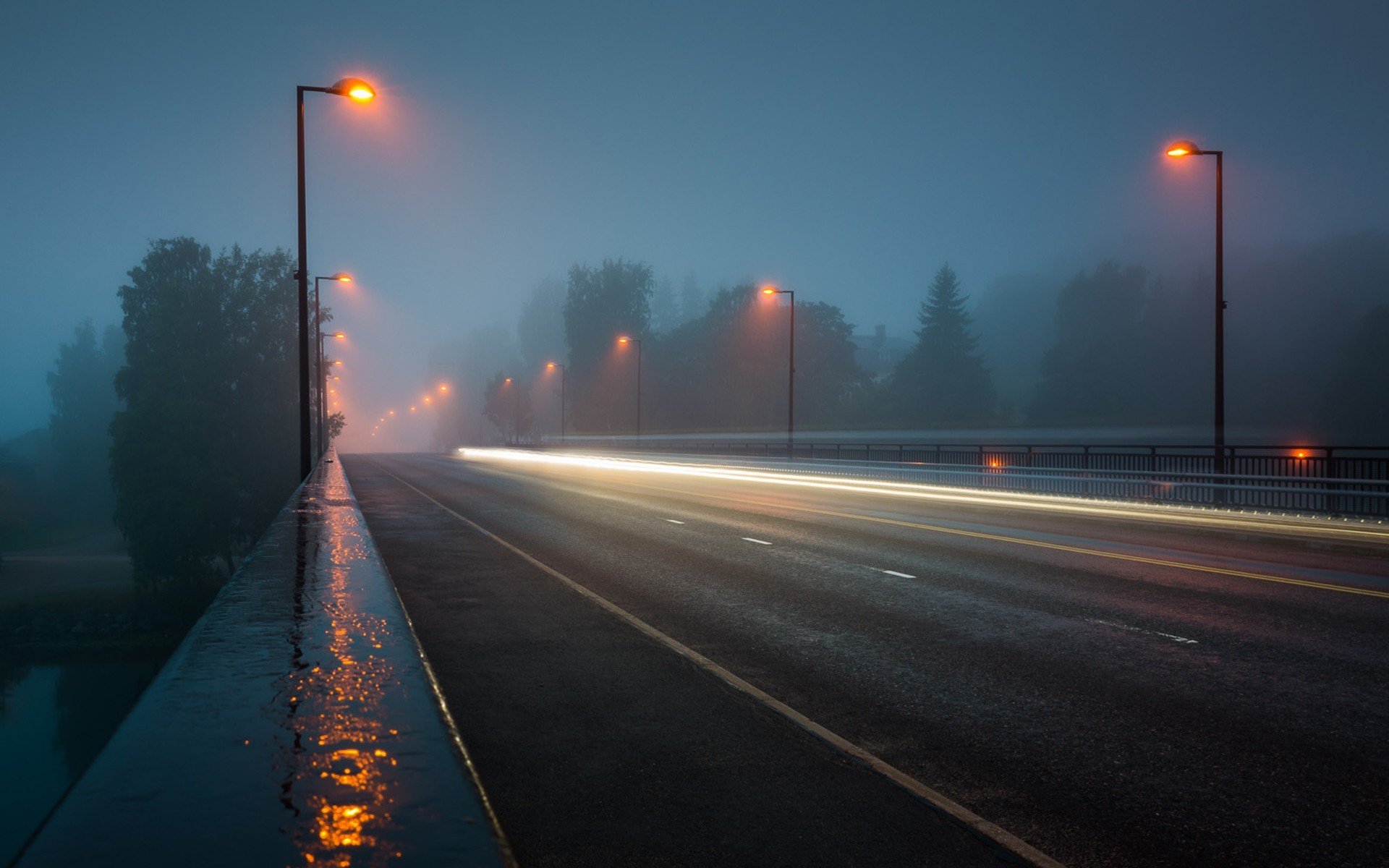 carretera noche niebla luces