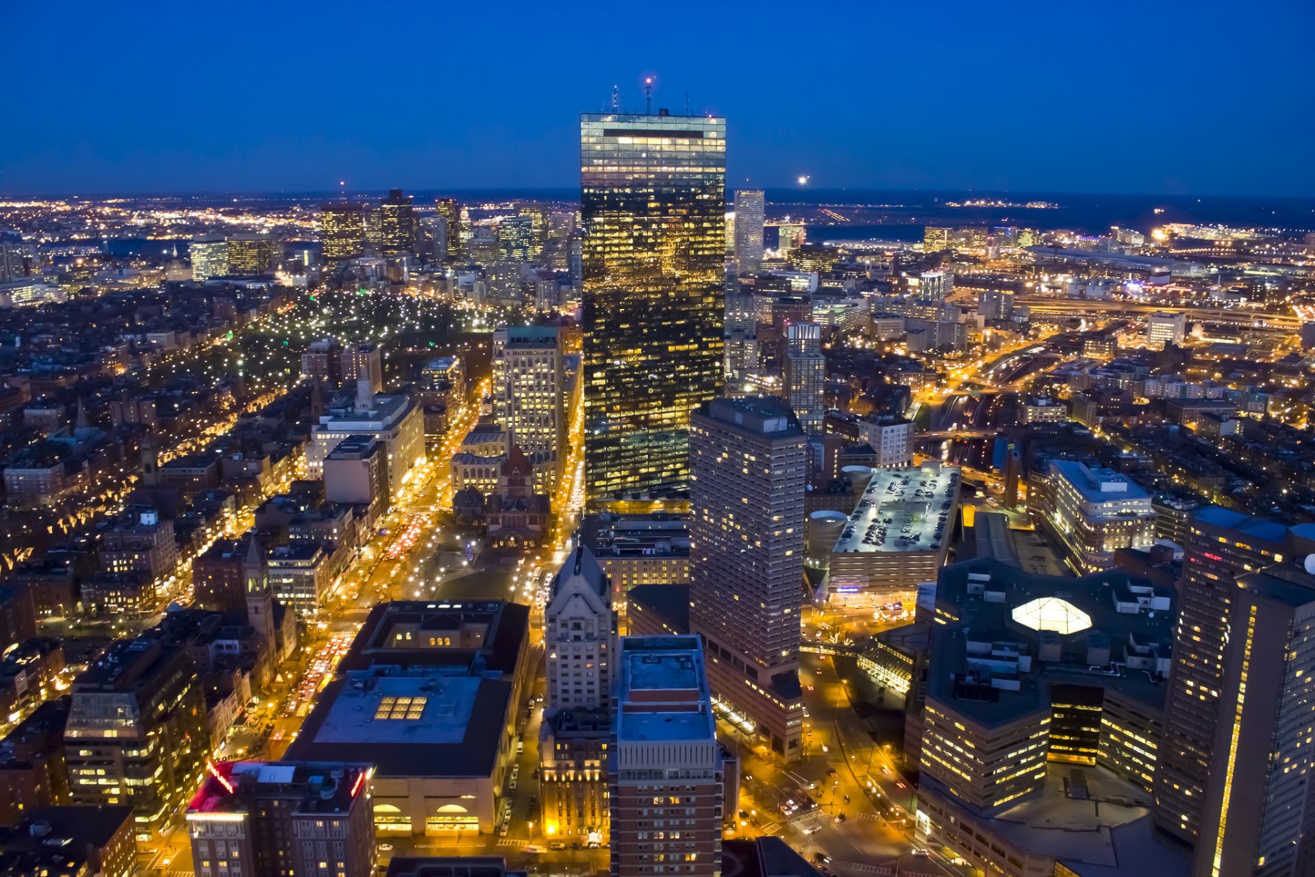 boston massachusetts usa miasto noc światła widok panorama domy budynki drapacze chmur wieżowce