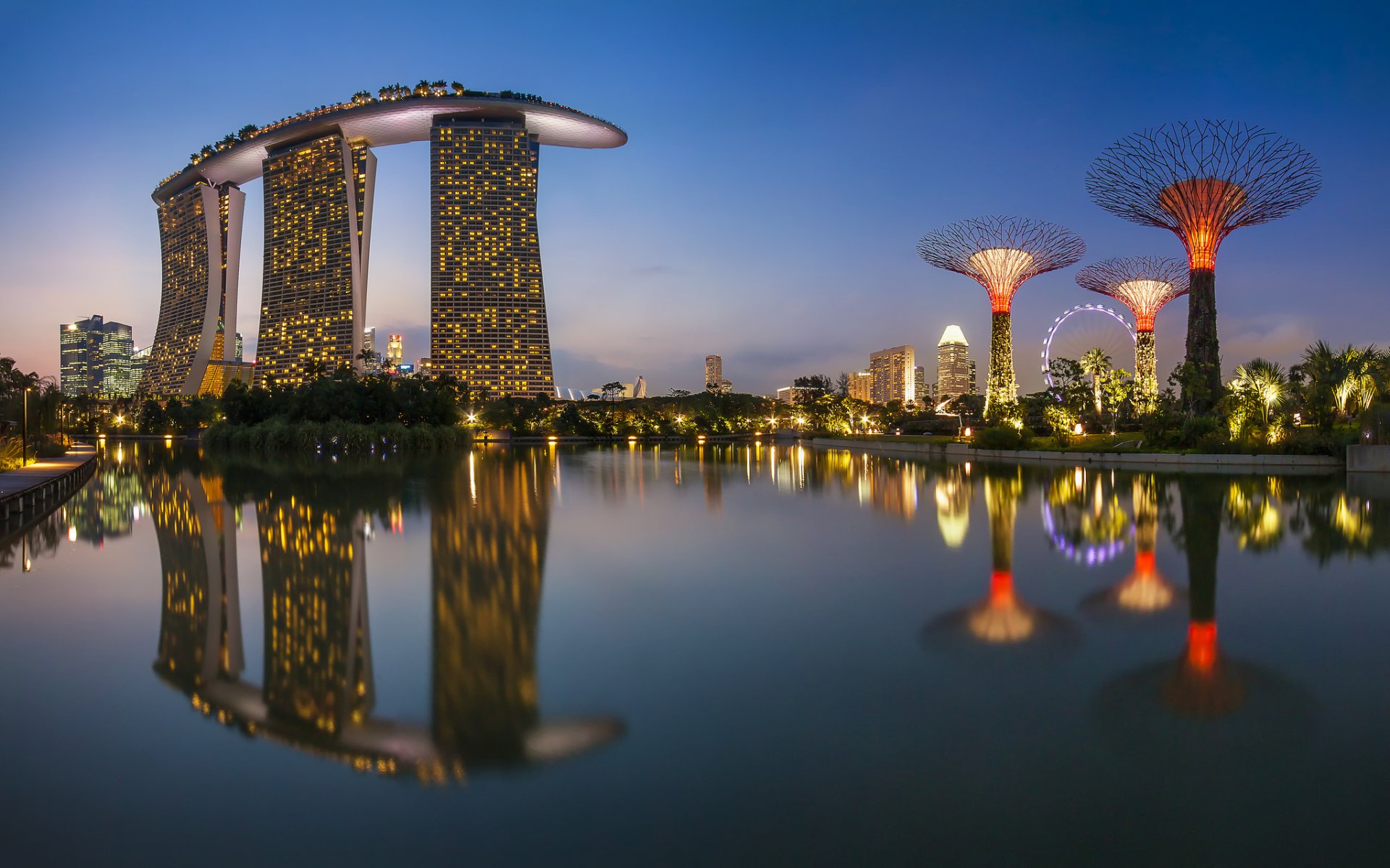 singapur miasto budynki noc morze odbicie światła diabelskie koło