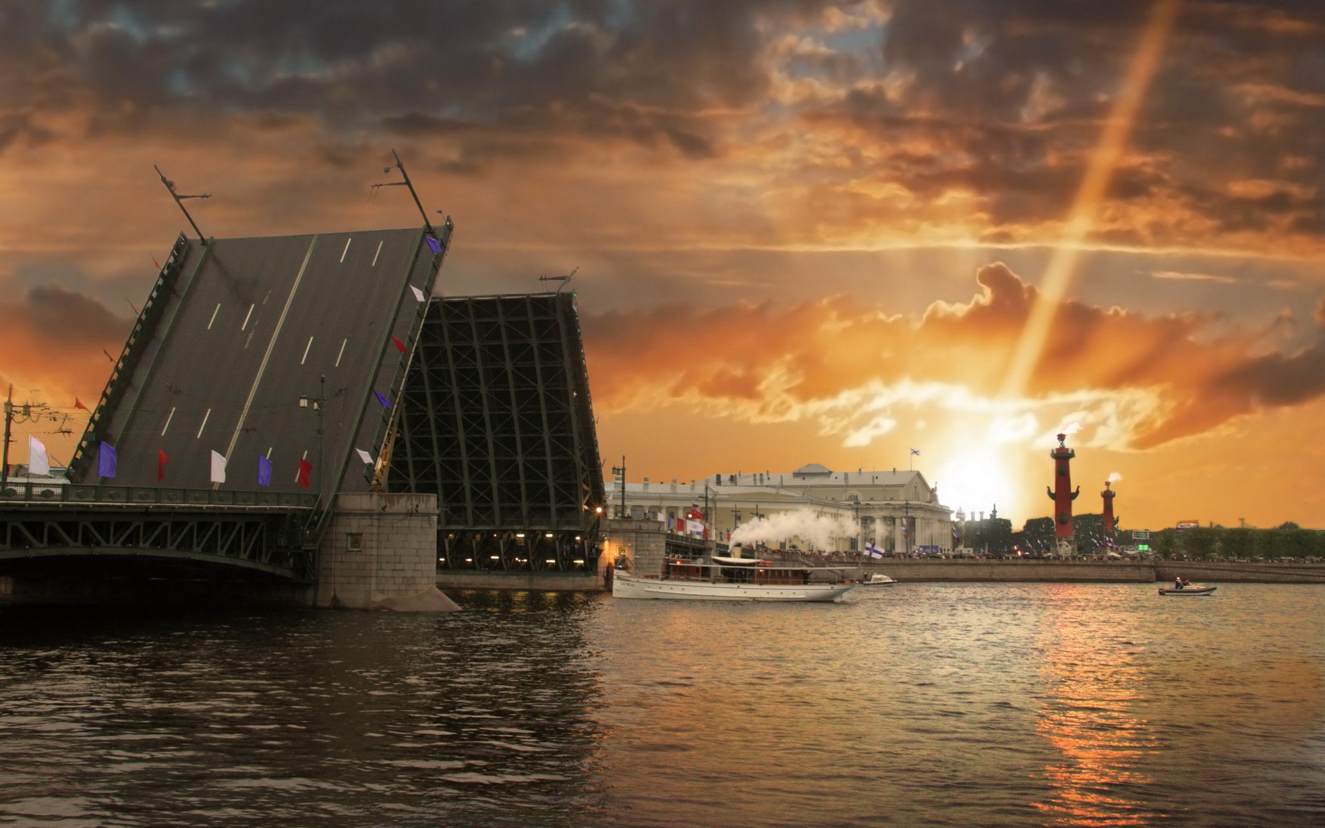 rivière ville pont coucher de soleil