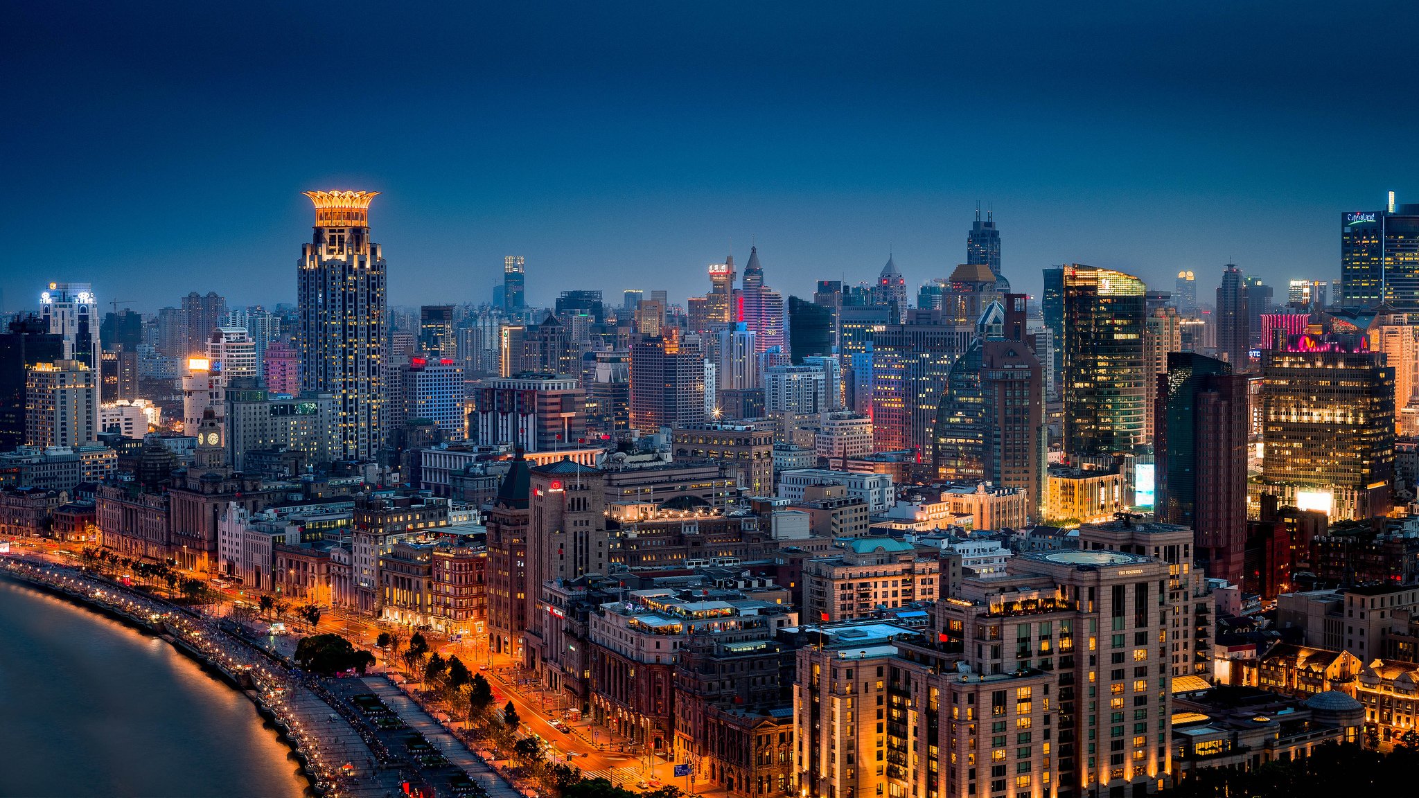 huangpu shanghai china night city buildings panorama embankment