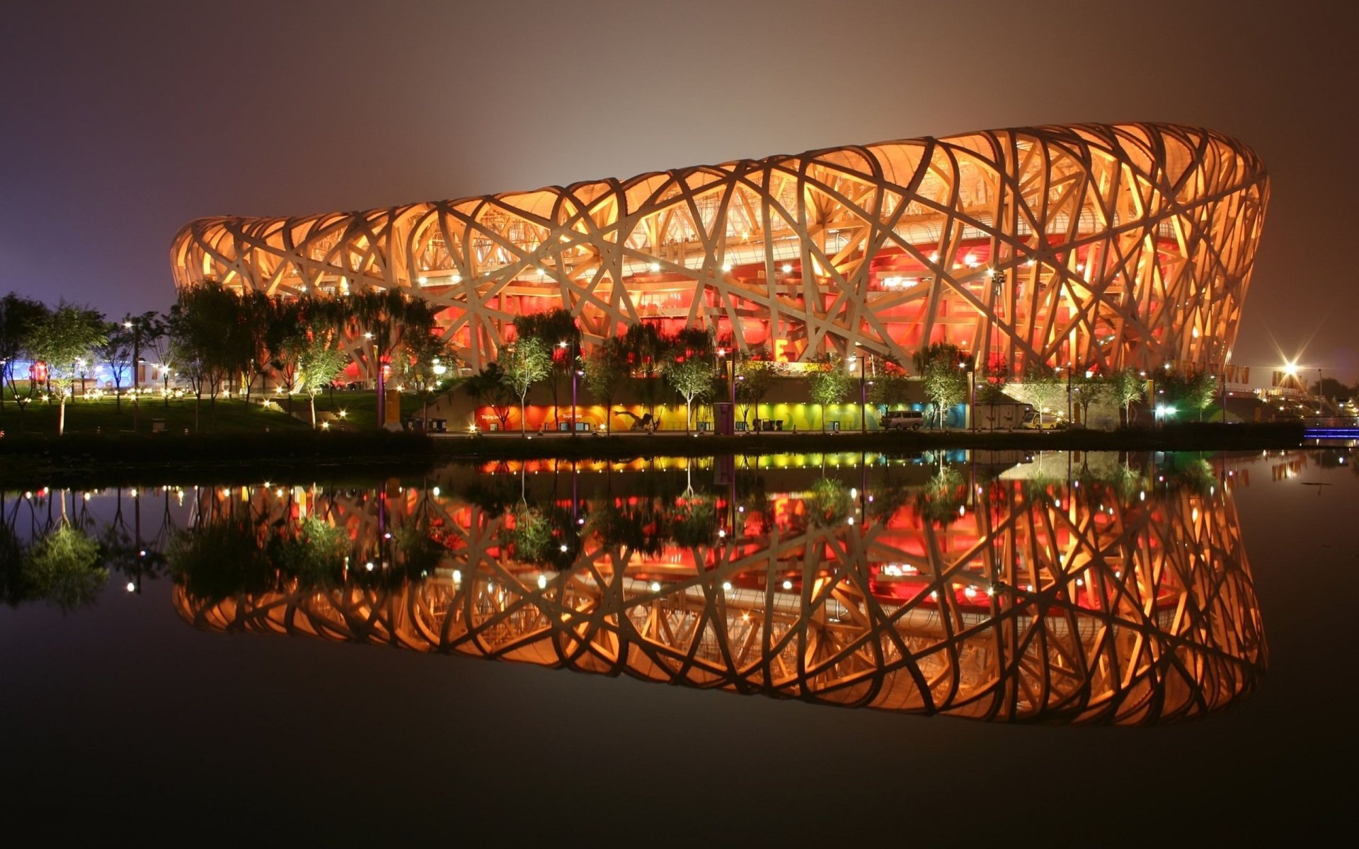 beijing stadium olympic games nest night lights reflection