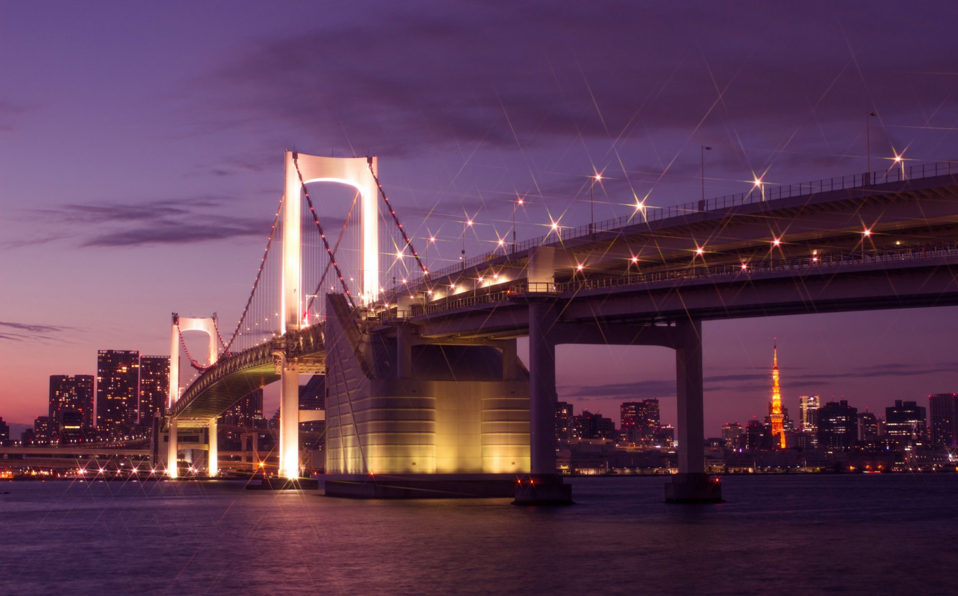 japan tokyo capital capital metropolis bridge lights lighting lanterns bay houses buildings night lilac purple sky cloud