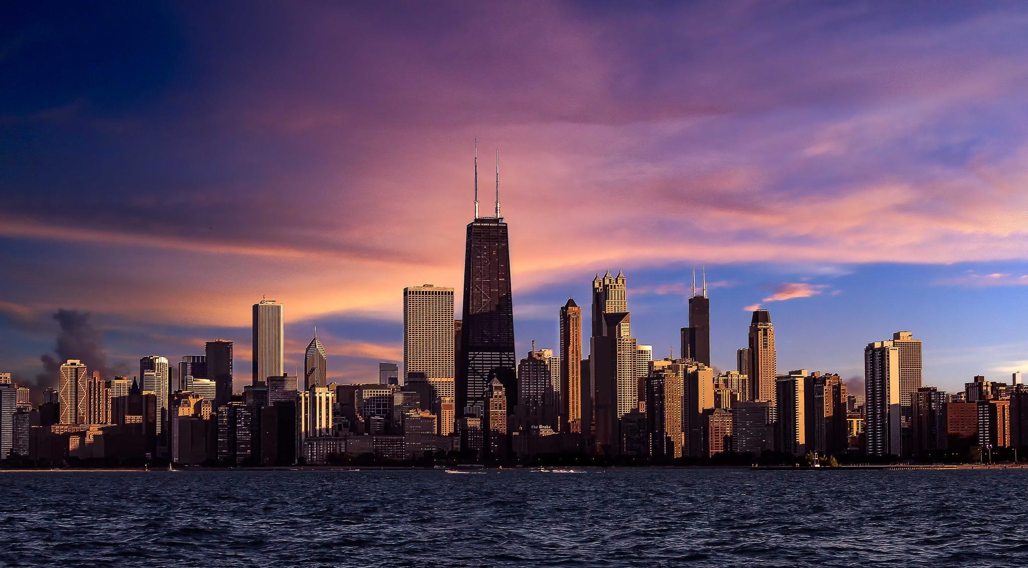 chicago illinois ciudad río rascacielos tarde puesta del sol