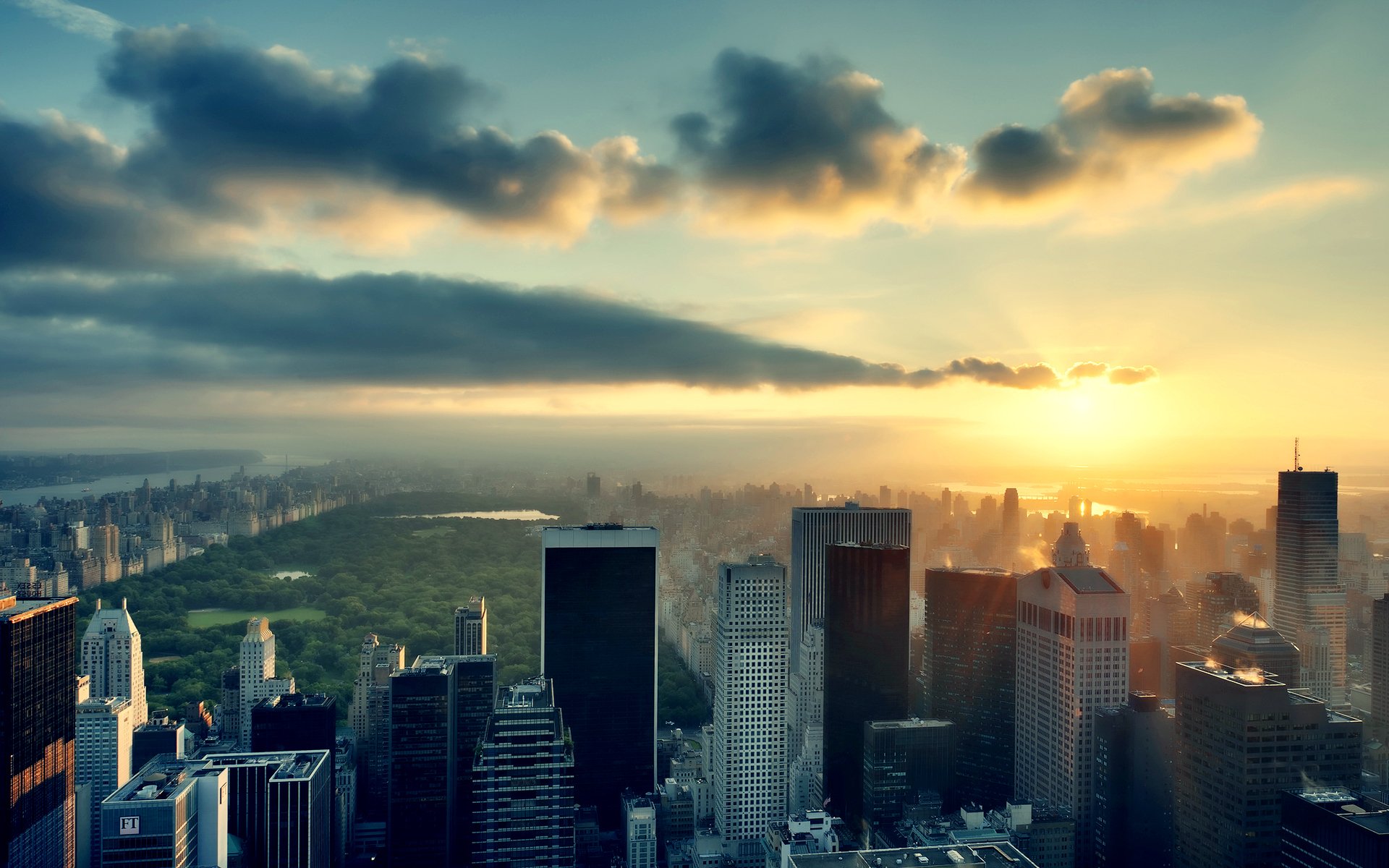 nueva york nueva york rascacielos cielo nubes sol puesta de sol parque