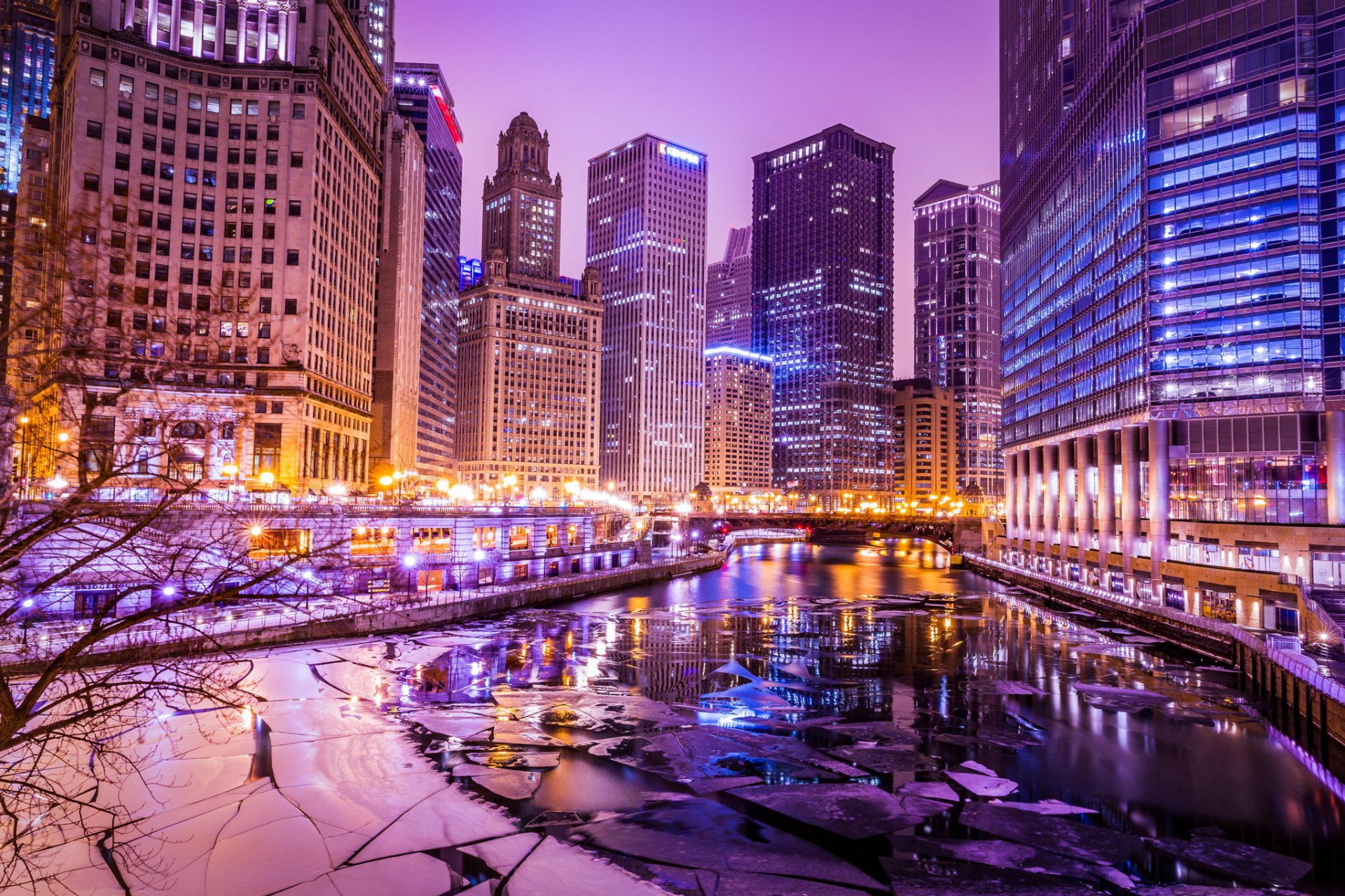 illinois chicago usa wolkenkratzer gebäude fluss winter abend lichter