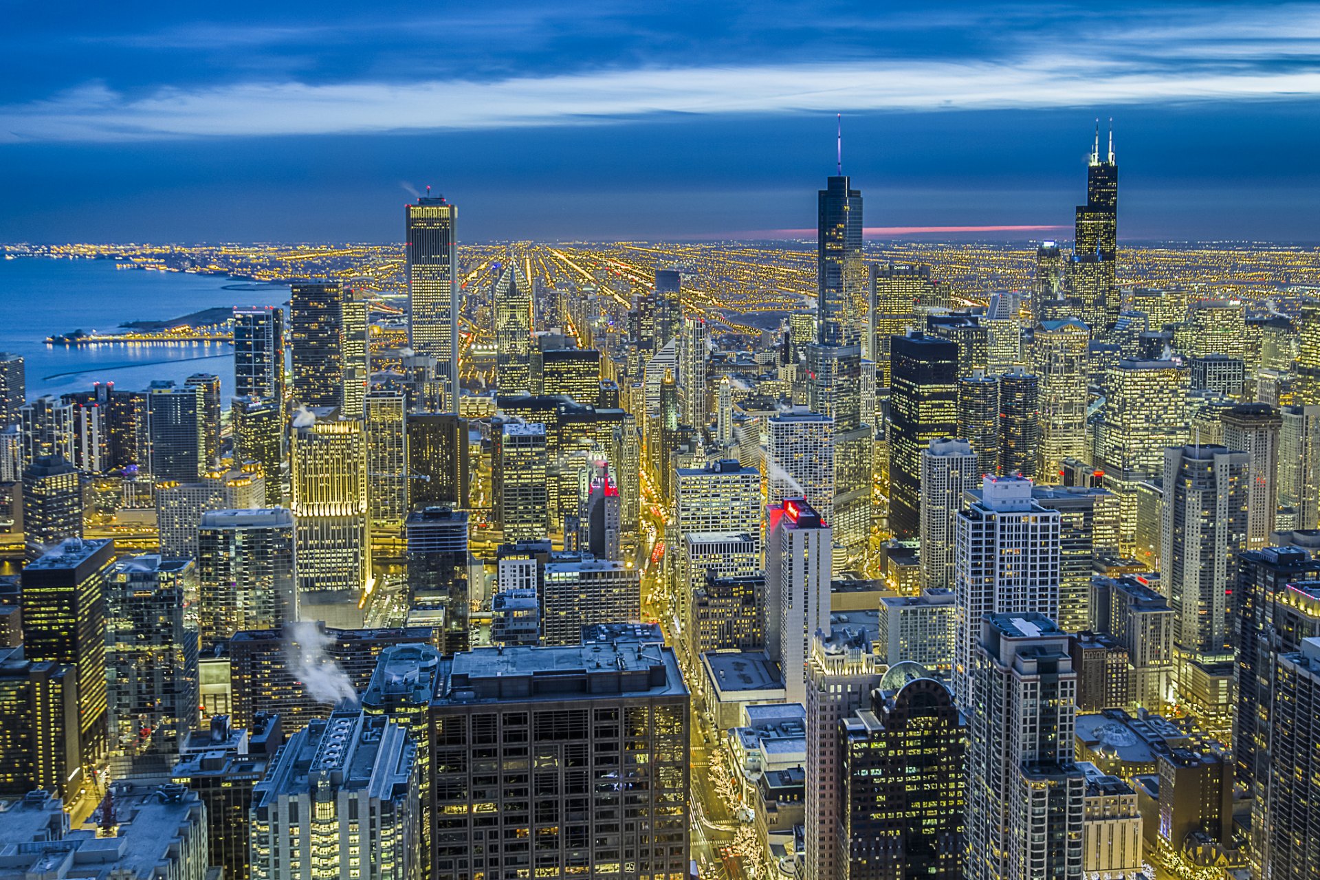 usa illinois chicago magnificent mile city metropolis buildings houses skyscrapers light lighting view height panorama night sky blue