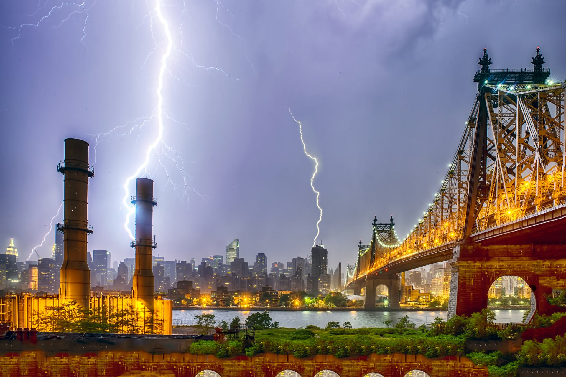 united states new york night lights the storm lightning