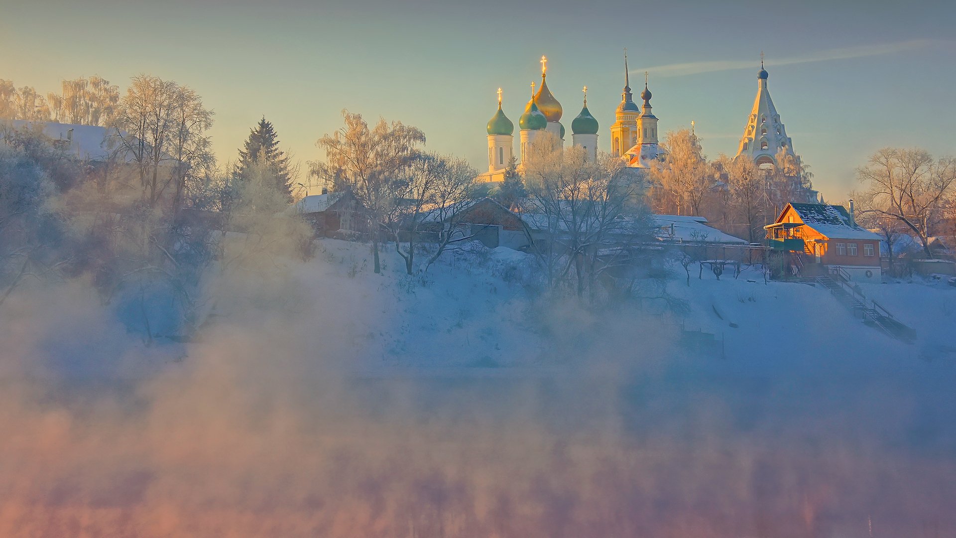 architettura alberi case inverno kolomna monastero gelo cielo natura alba fiume old kolomna tempio chiesa