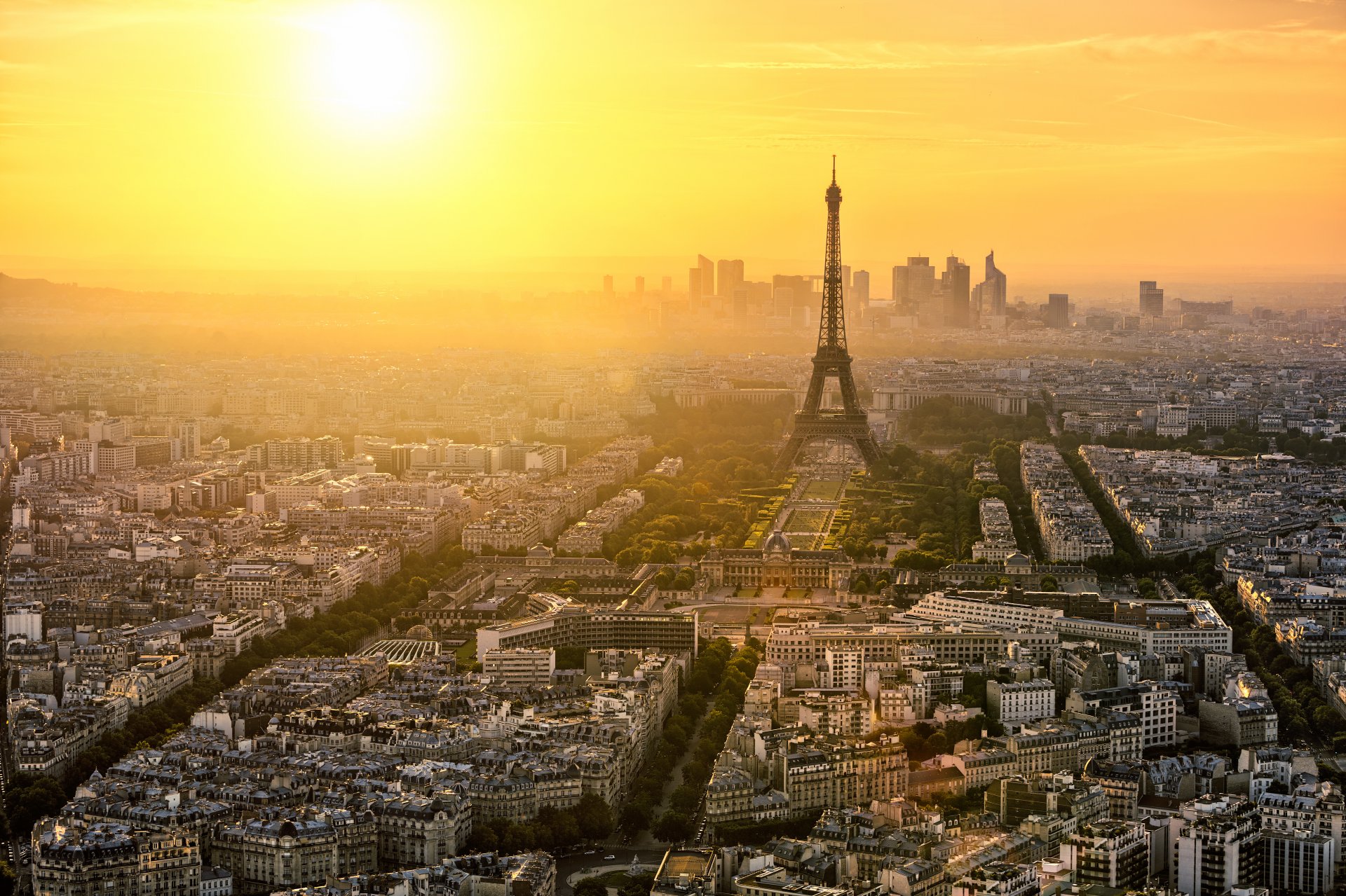 paris france town morning dawn eiffel tower la tour eiffel house buildings street road tree architecture panorama