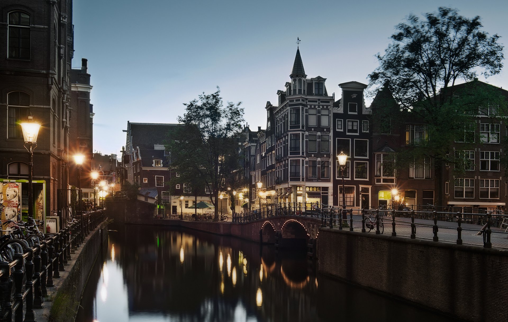 netherlands amsterdam street channel night twilight lamp