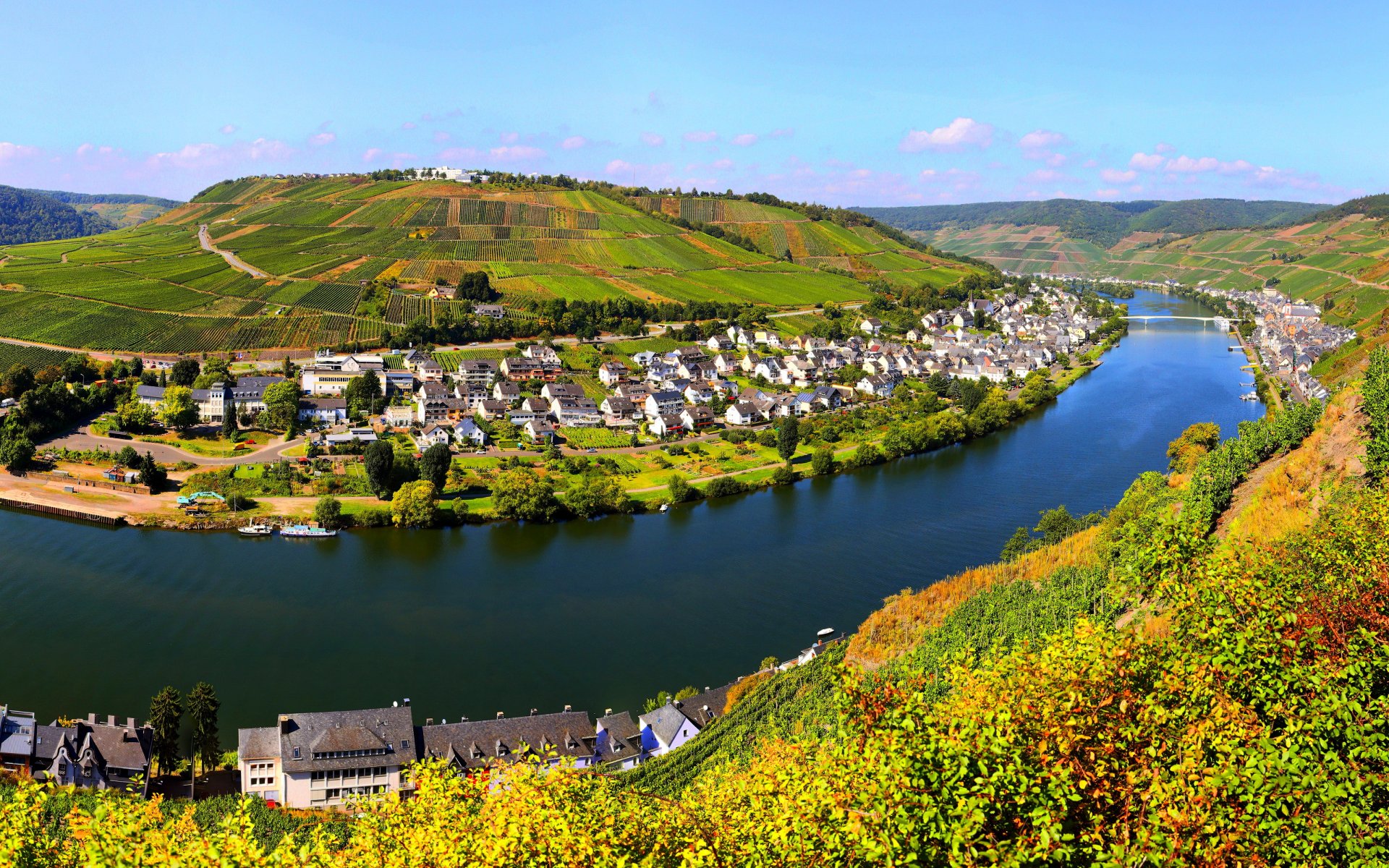 germany purpose town river house bridge of the field sky clouds nature