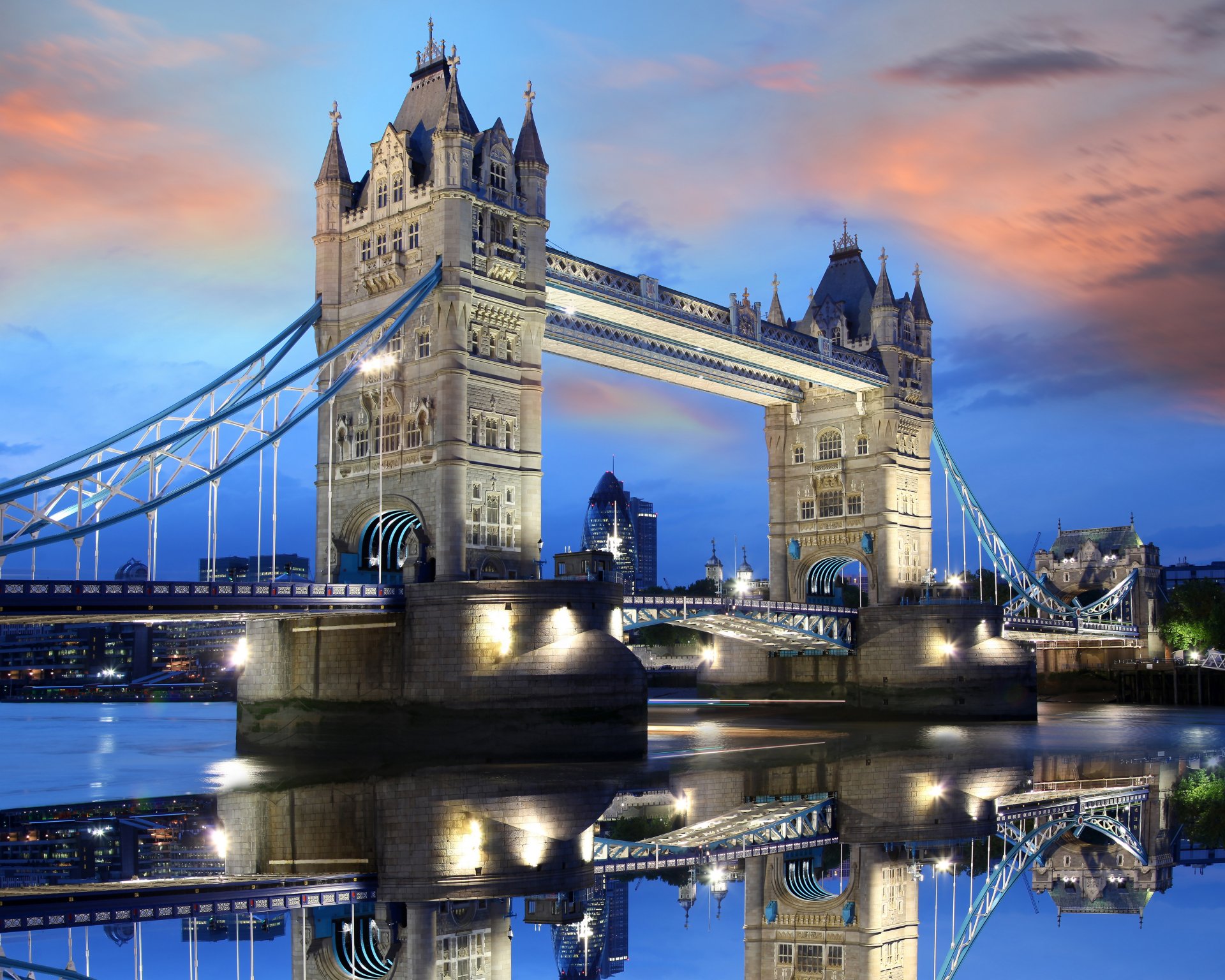 europe uk united kingdom great britain england london capital thames tower bridge evening sunset sky clouds lights water reflection night