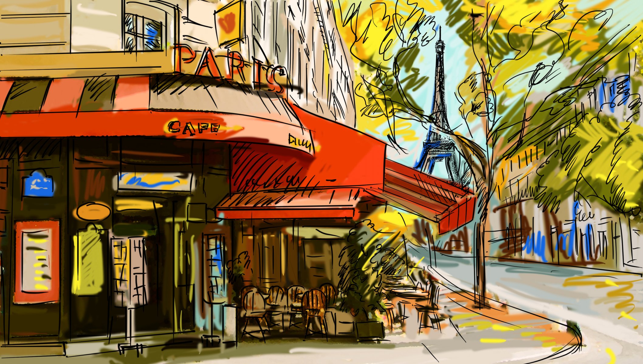 dessin france café paris tour eiffel rue arbre