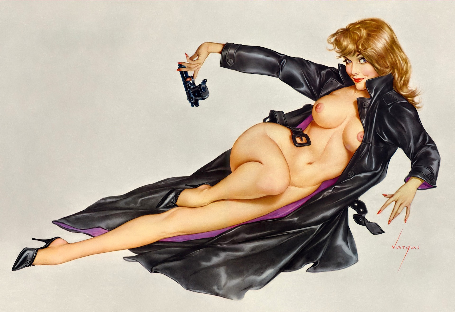 pin-up coat gun breasts picture