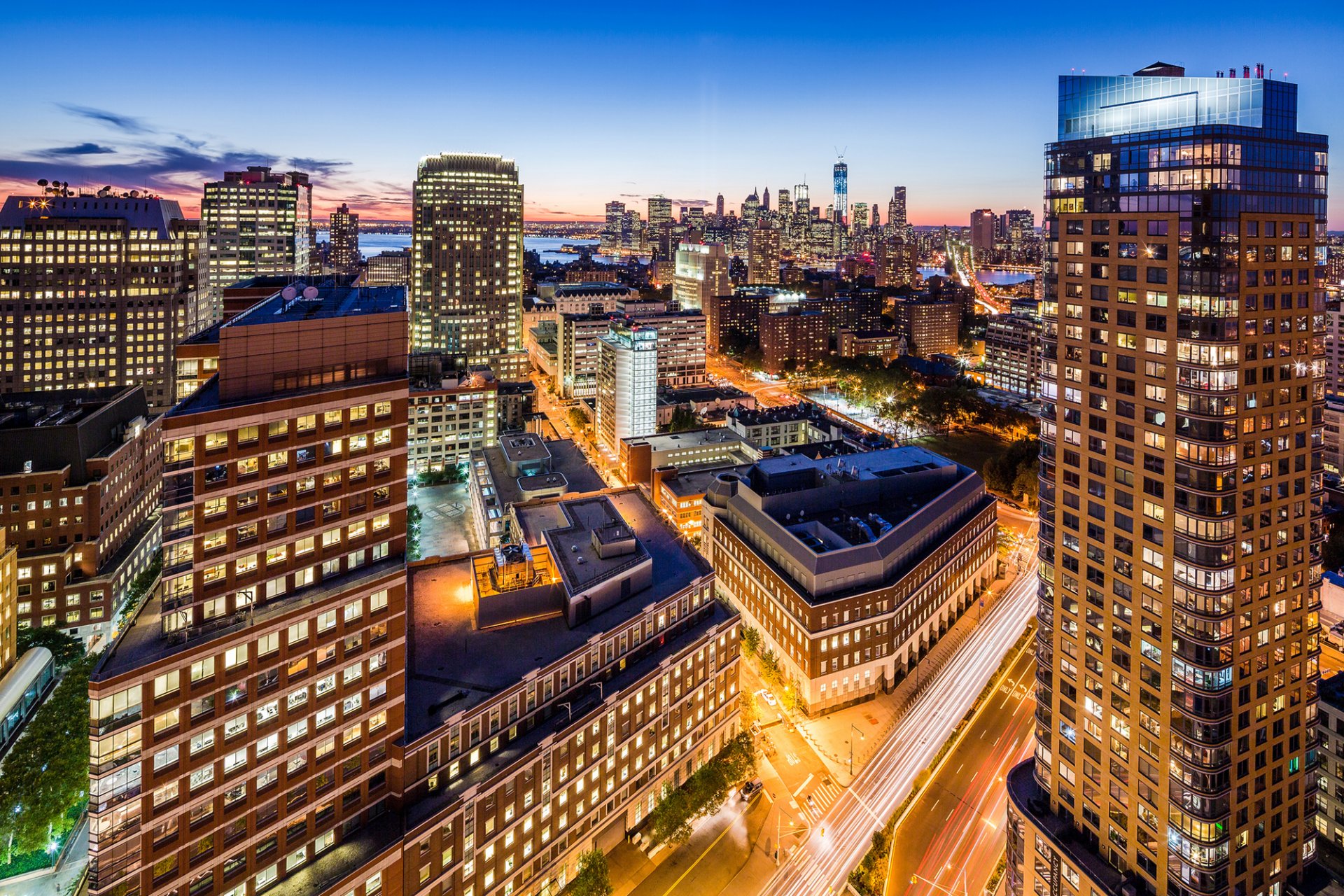 brooklyn new york city evening skyscrapers buildings high-rise houses windows light roofs road light