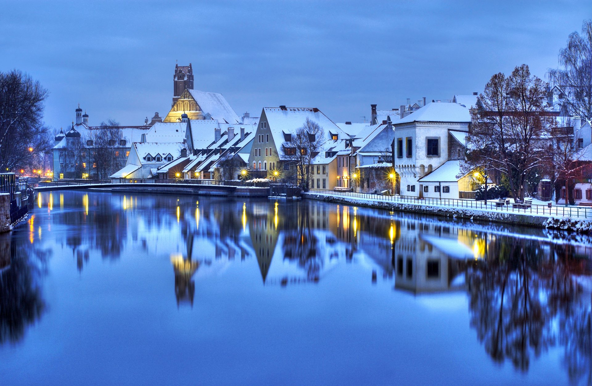 deutschland zuhause gebäude schnee wasser reflexion abend licht lichter winter