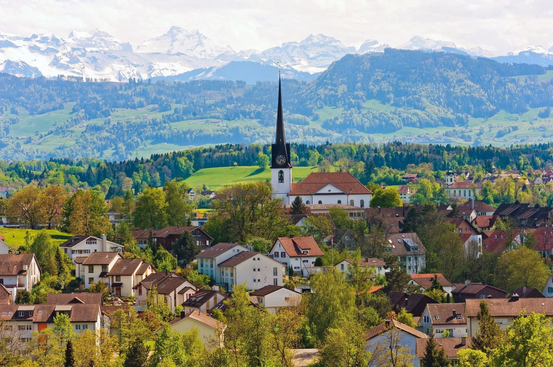 witzerland gossau mountains church switzerland houses building