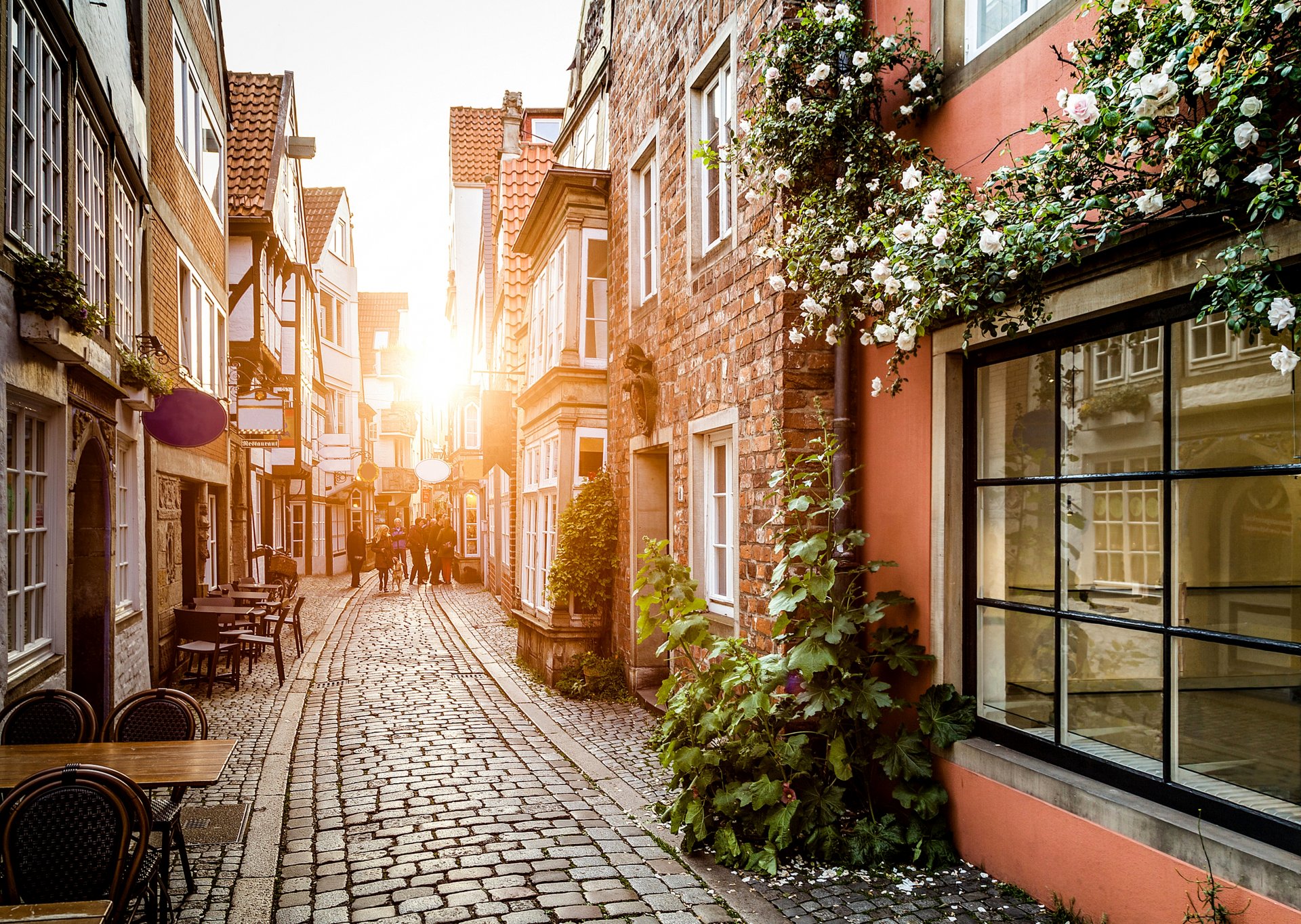 germania città strada case edifici finestre fiori strada finitrici tavoli persone