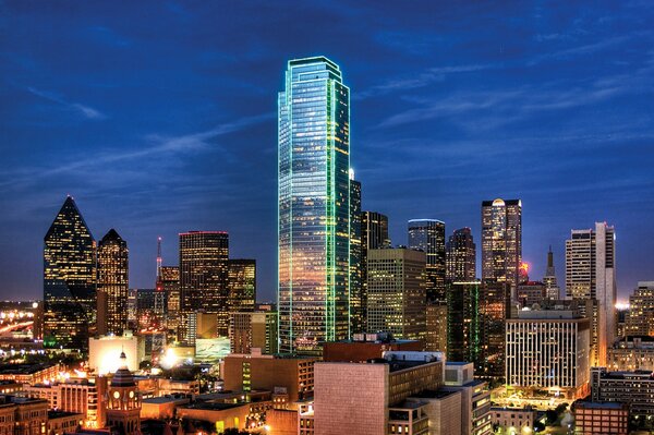 Panorama of the evening city of the USA in all its glory