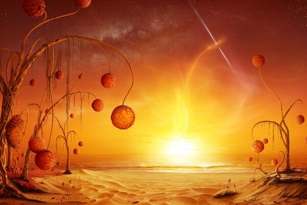 Magical landscape of sandy seashore sunset sun yellow-orange tones trees with hanging red balls in the background pulsar